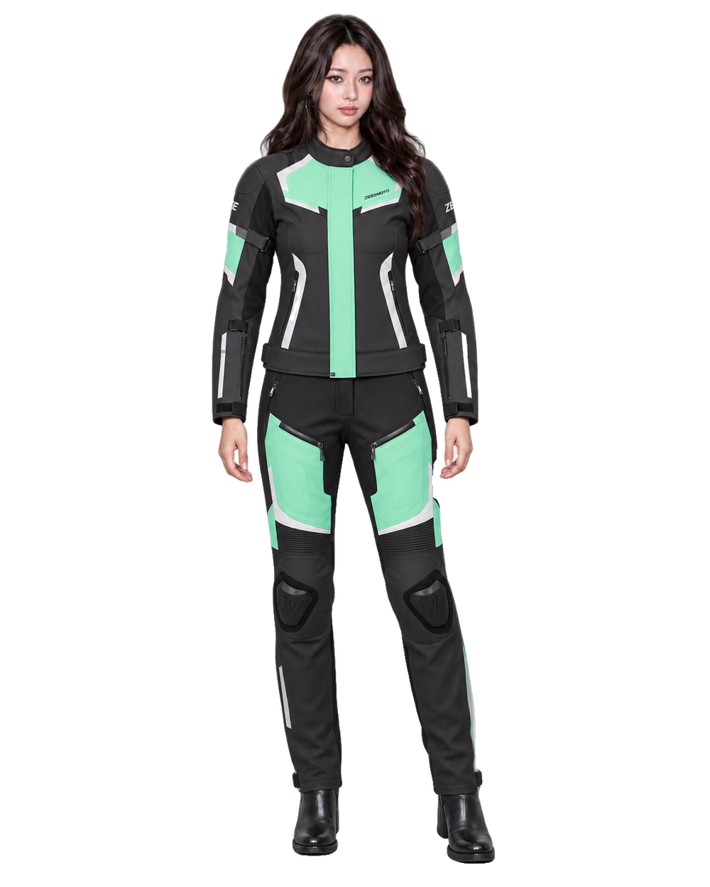ZEESMOTO Womens Mint-Phantom Textile Motorcycle Suit - CE Armored front view on female model with transparent background