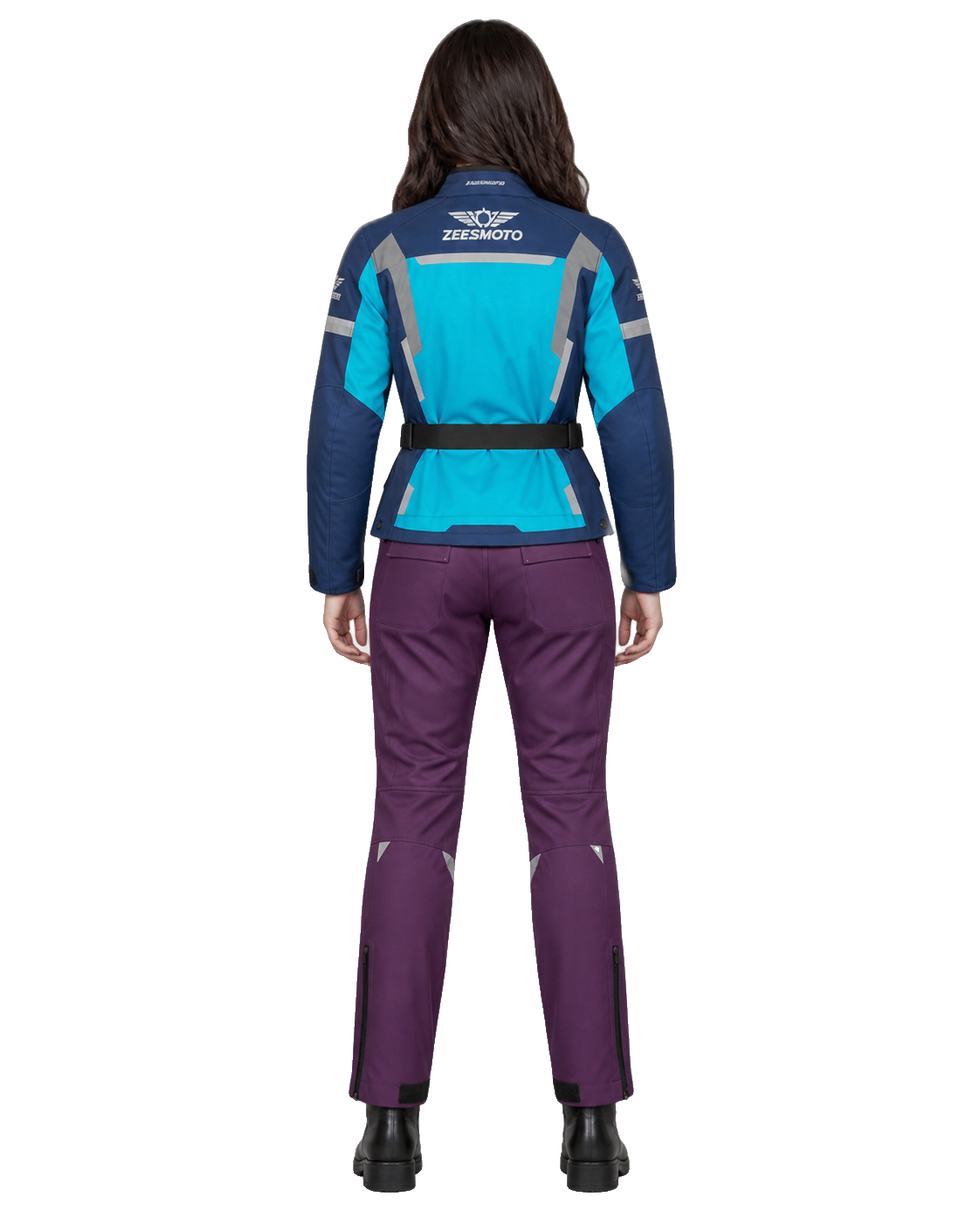 ZEESMOTO Womens Nebula-GT Textile Motorcycle Suit - CE Armored back view on female model with transparent background