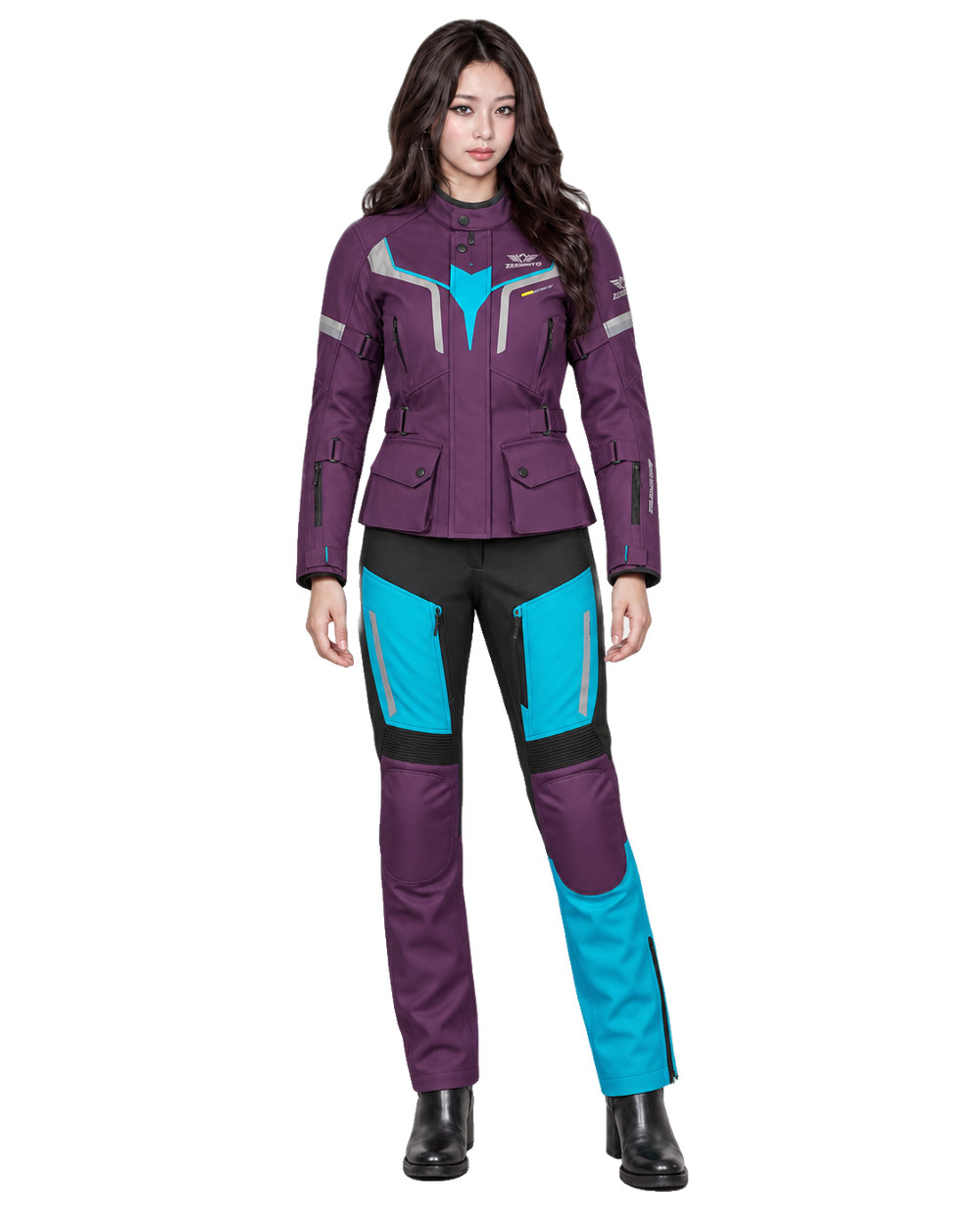 ZEESMOTO Womens Nebula-GT Textile Motorcycle Suit - CE Armored front view on female model with transparent background