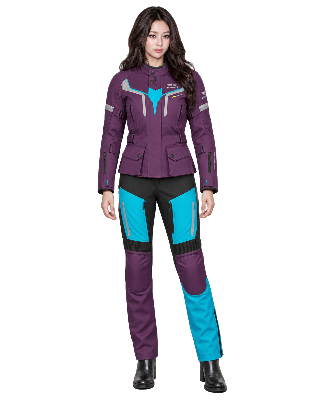 ZEESMOTO Womens Nebula-GT Textile Motorcycle Suit - CE Armored front view on female model with transparent background