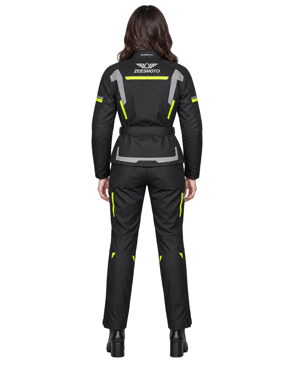 ZEESMOTO Womens Stealth-Viper Textile Motorcycle Suit - CE Armored back view on female model with transparent background