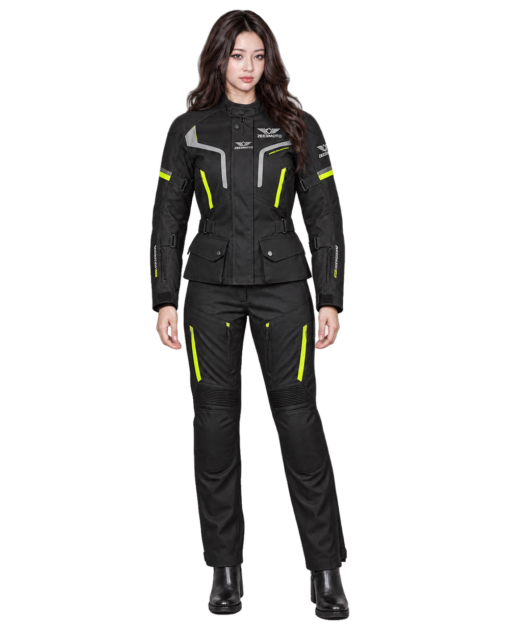 ZEESMOTO Womens Stealth-Viper Textile Motorcycle Suit - CE Armored front view on female model with transparent background