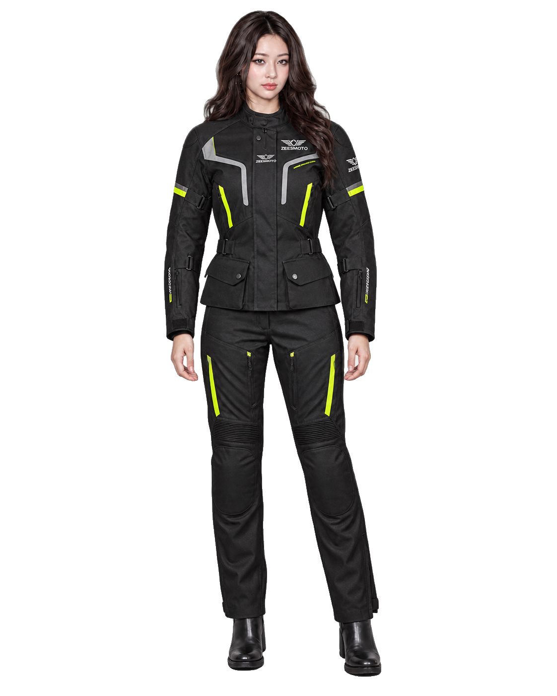ZEESMOTO Womens Stealth-Viper Textile Motorcycle Suit - CE Armored front view on female model with transparent background