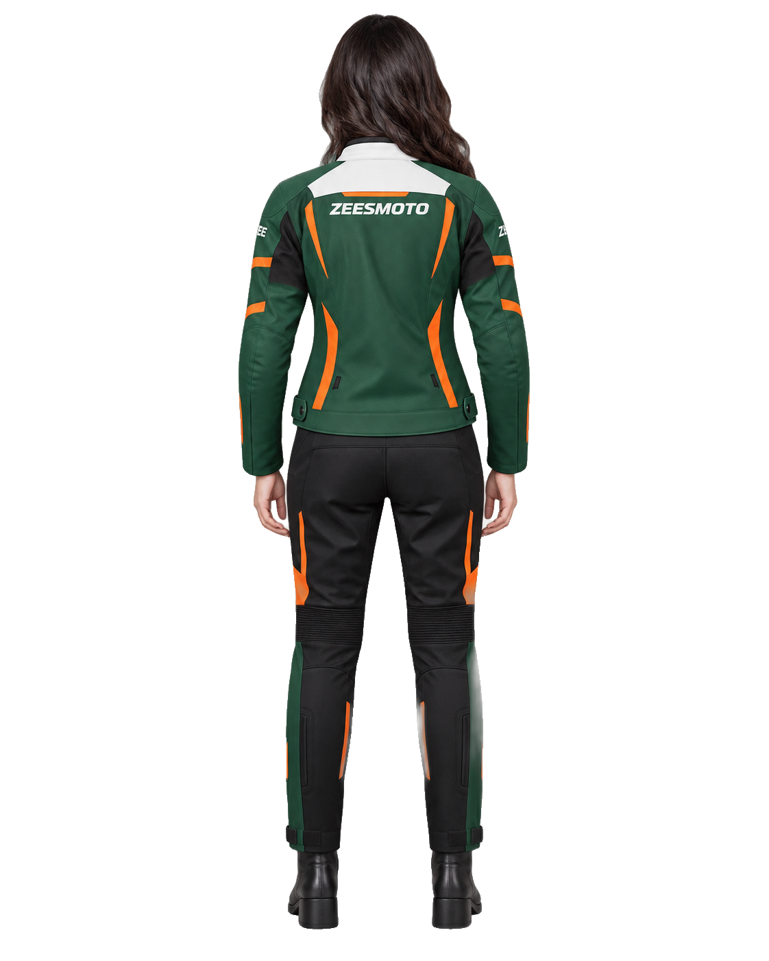 ZEESMOTO Womens Terra-Volt Textile Motorcycle Suit - CE Armored back view on female model with transparent background