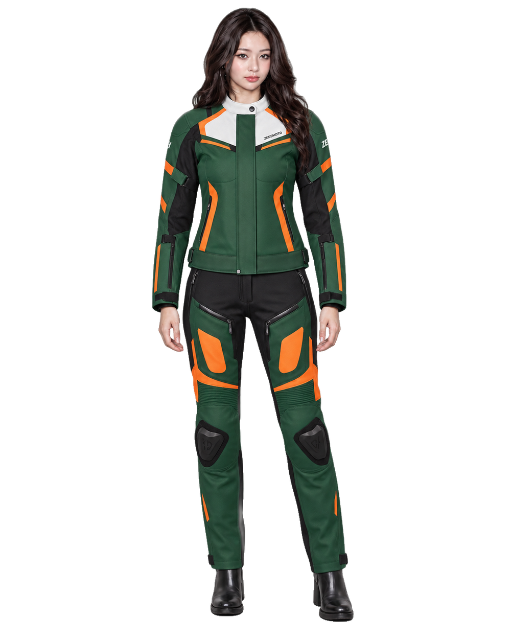 ZEESMOTO Womens Terra-Volt Textile Motorcycle Suit - CE Armored front view on female model with transparent background