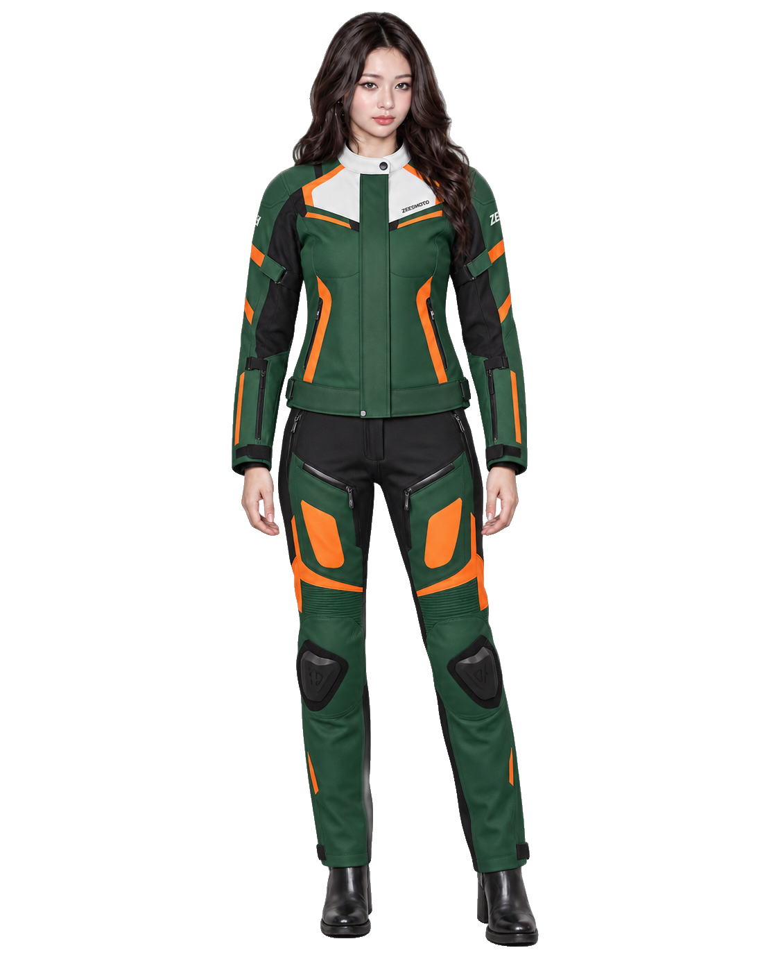 ZEESMOTO Womens Terra-Volt Textile Motorcycle Suit - CE Armored front view on female model with transparent background