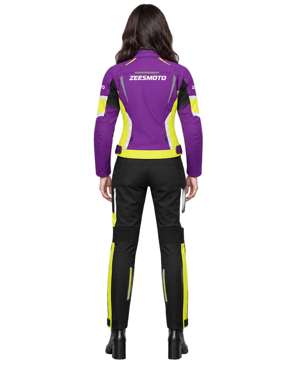 ZEESMOTO Womens Ultraviolet-X Textile Motorcycle Suit - CE Armored back view on female model with transparent background