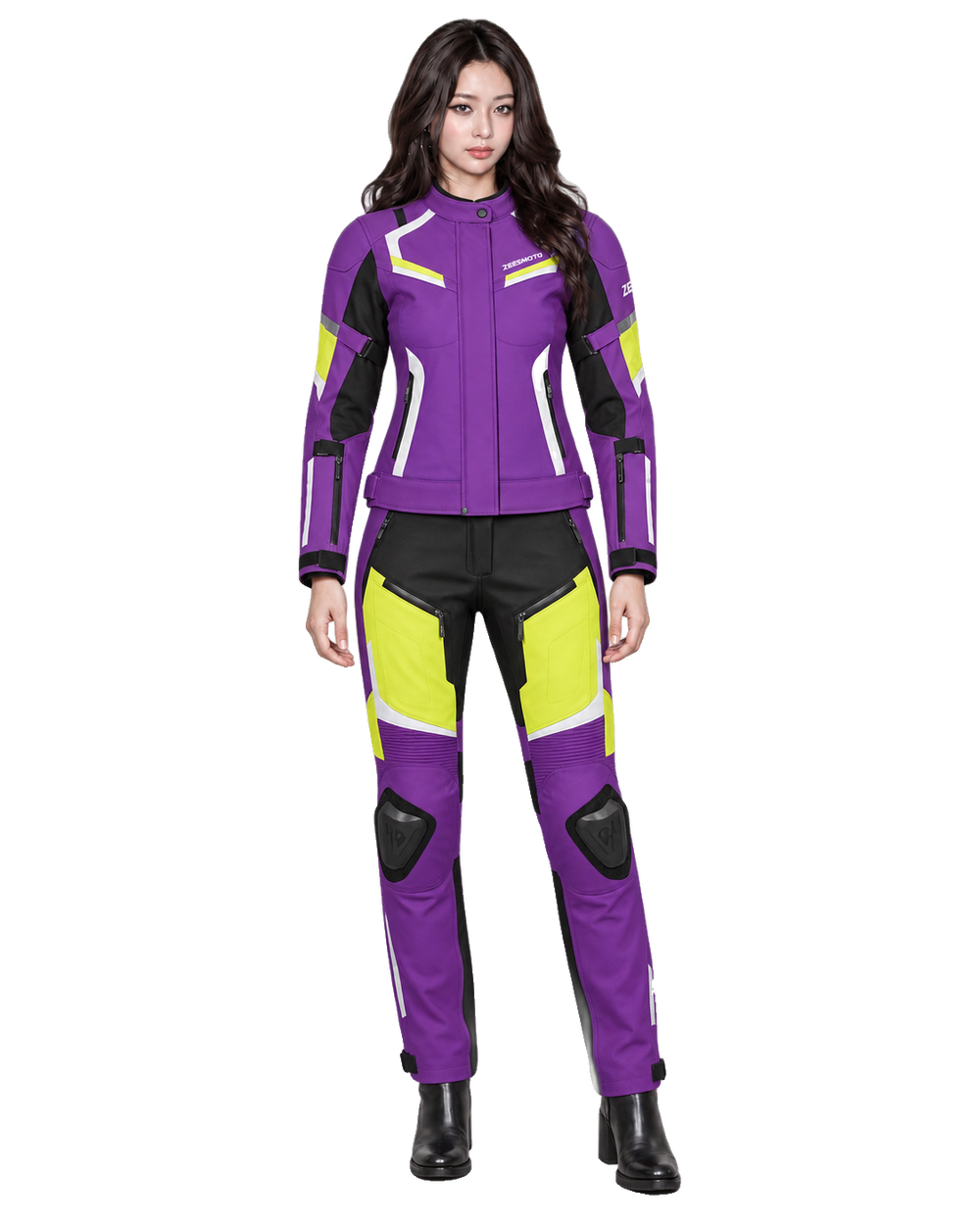ZEESMOTO Womens Ultraviolet-X Textile Motorcycle Suit - CE Armored front view on female model with transparent background