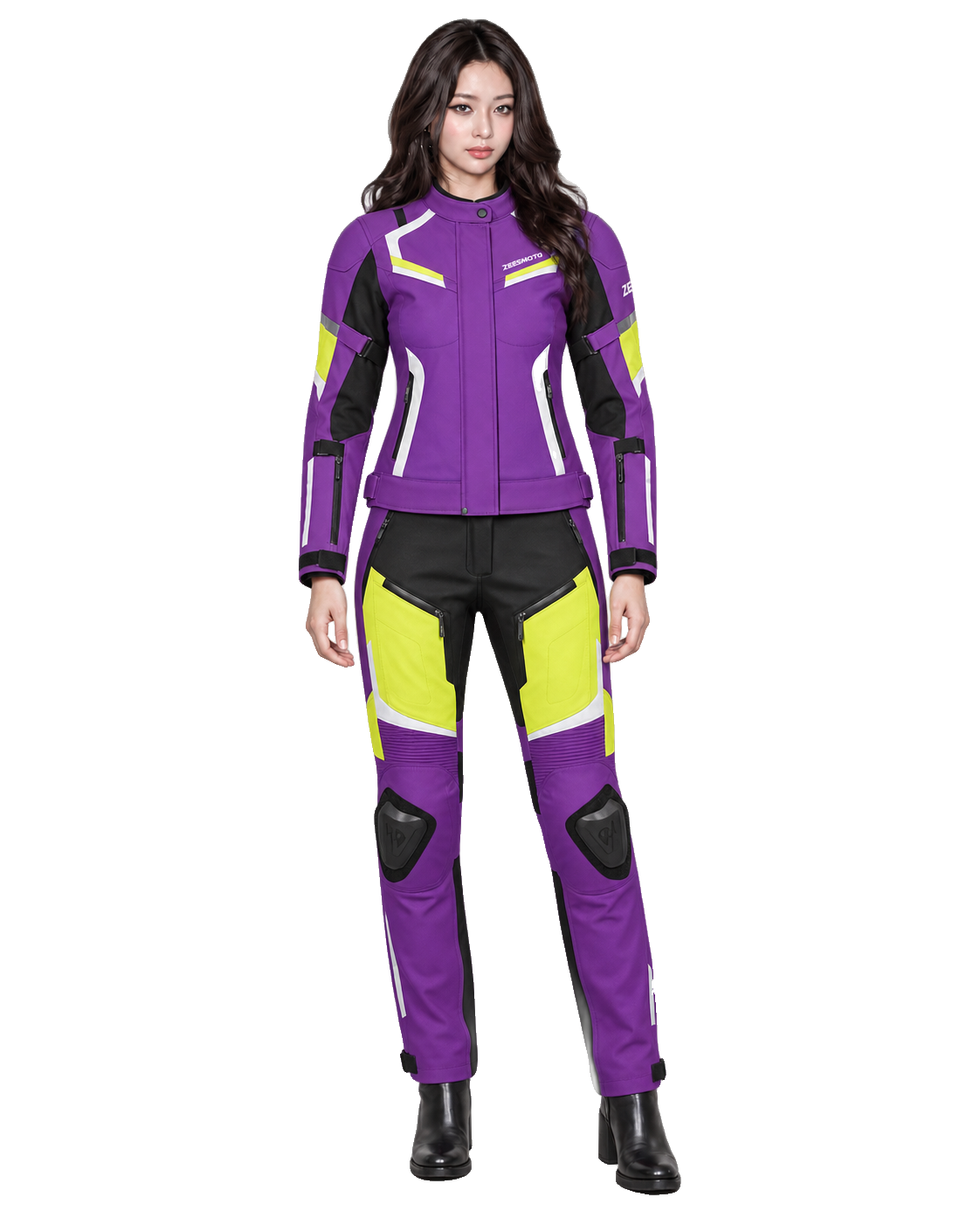 ZEESMOTO Womens Ultraviolet-X Textile Motorcycle Suit - CE Armored front view on female model with transparent background