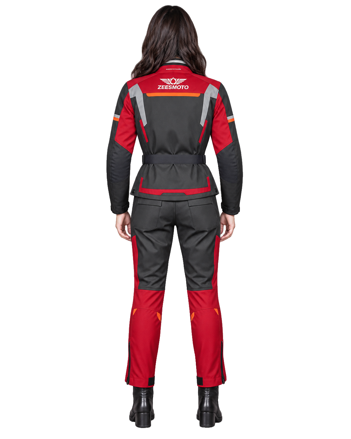 ZEESMOTO Womens Velocity-Red Textile Motorcycle Suit - CE Armored back view on female model with transparent background