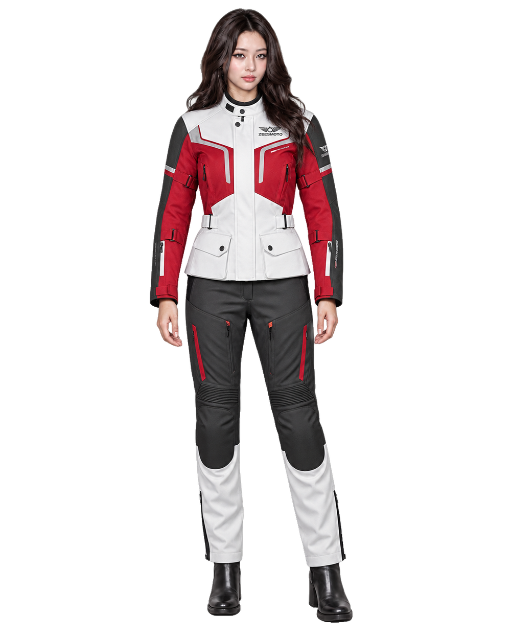 ZEESMOTO Womens Velocity-Red Textile Motorcycle Suit - CE Armored front view on female model with transparent background
