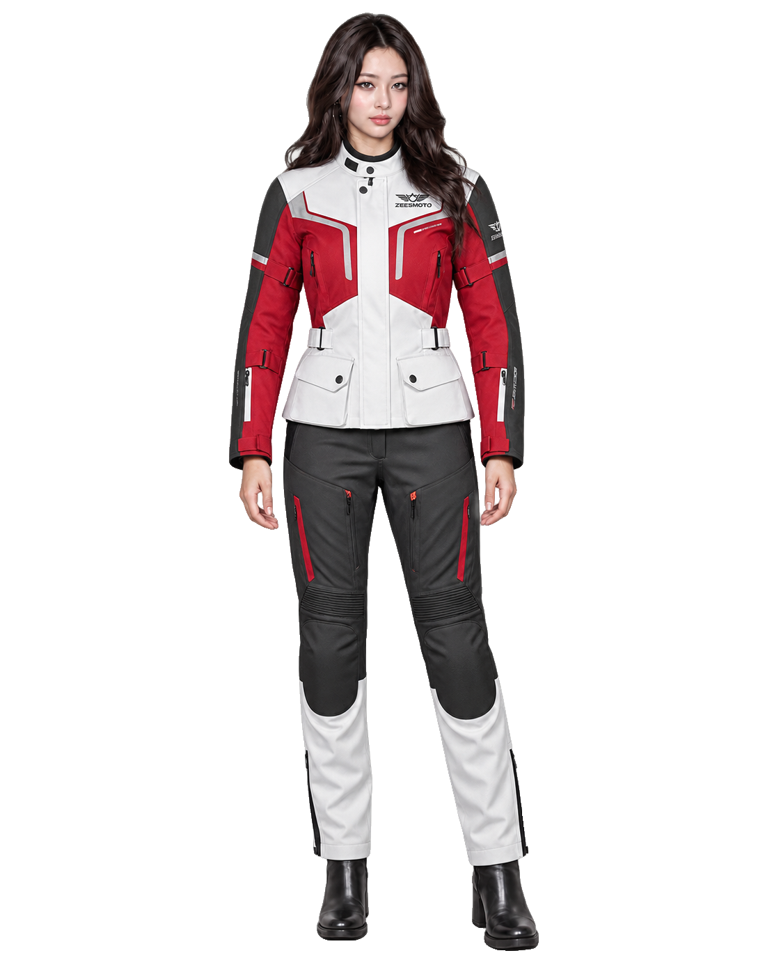 ZEESMOTO Womens Velocity-Red Textile Motorcycle Suit - CE Armored front view on female model with transparent background