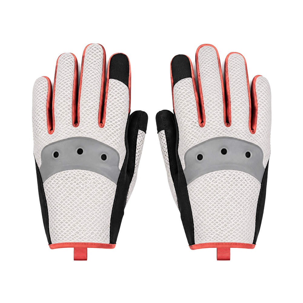 Short cuff motorcycle gloves in off-white black and coral, pair on white background