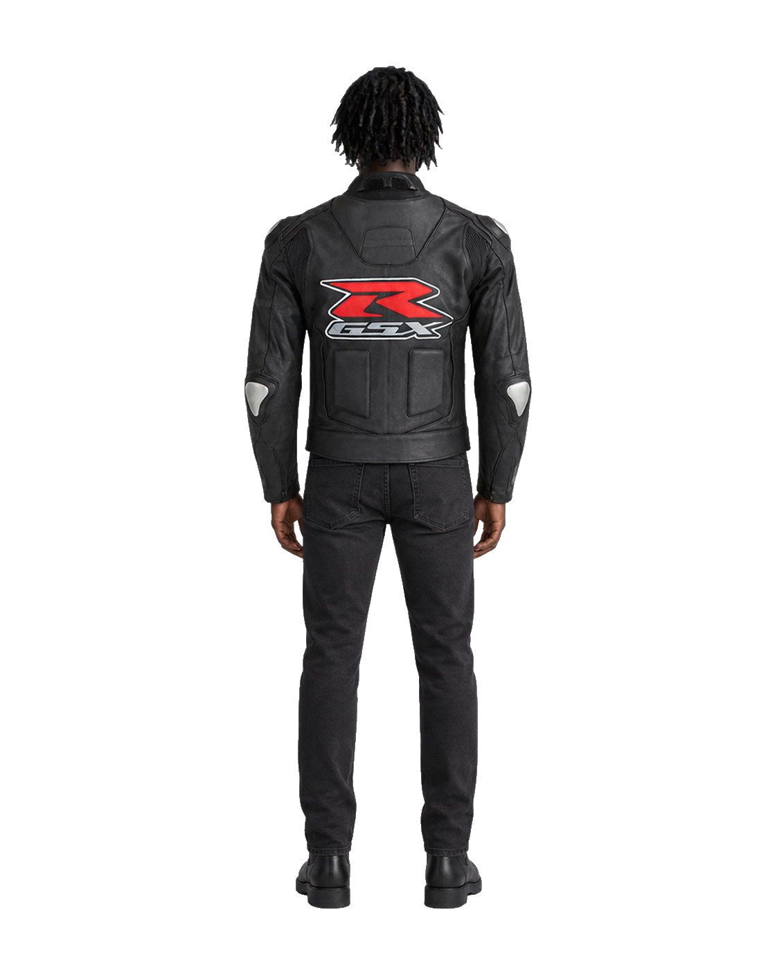 Customized Motorcycle Leather Jacket - ZMJ-001 back view on male model transparent background, centered cutout