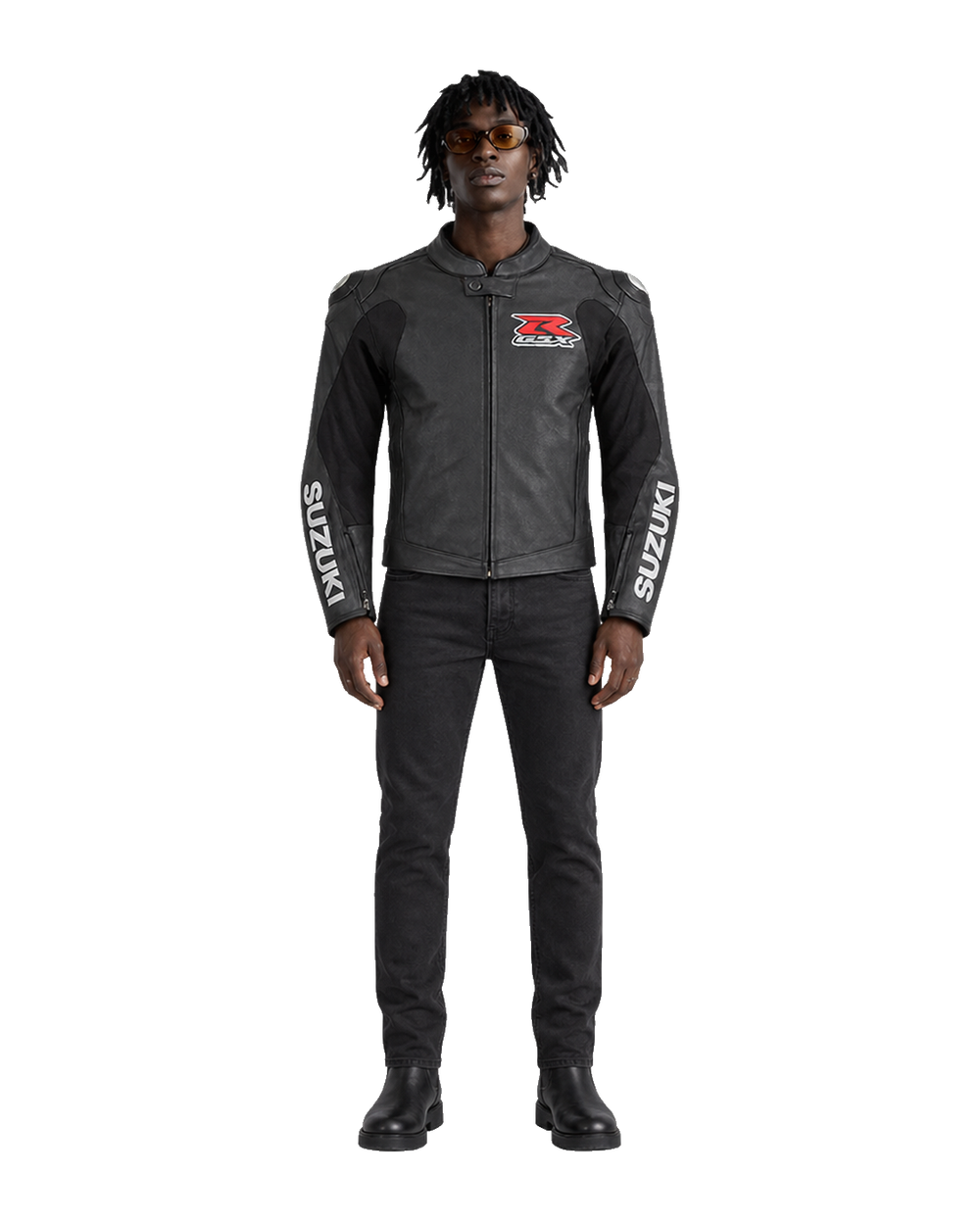 Customized Motorcycle Leather Jacket - ZMJ-001 front view on male model transparent background, centered cutout