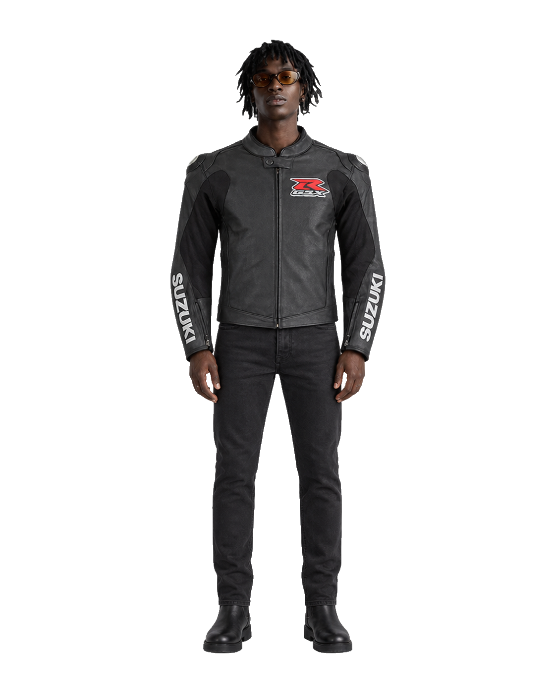 Customized Motorcycle Leather Jacket - ZMJ-001 front view on male model transparent background, centered cutout