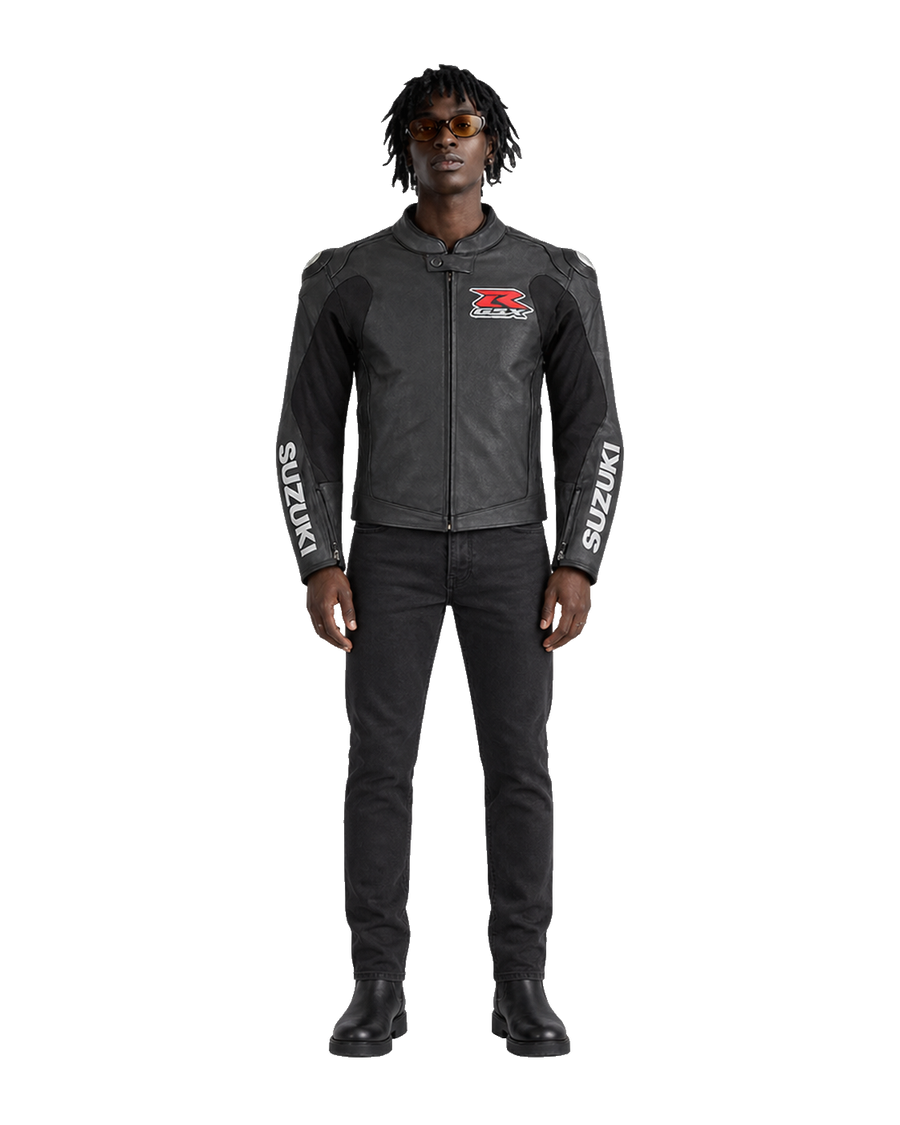 Customized Motorcycle Leather Jacket - ZMJ-001 front view on male model transparent background, centered cutout
