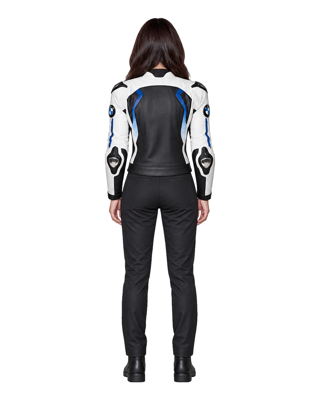 Customized Motorcycle Leather Jacket - ZMJ-002 back view on male model transparent background, centered cutout