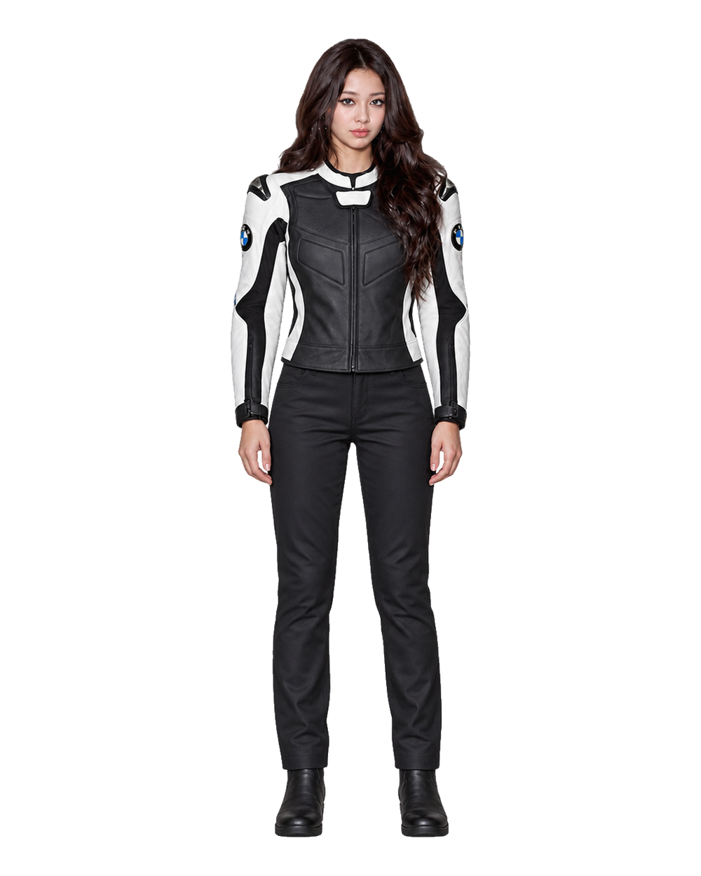 Customized Motorcycle Leather Jacket - ZMJ-002 front view on male model transparent background, centered cutout