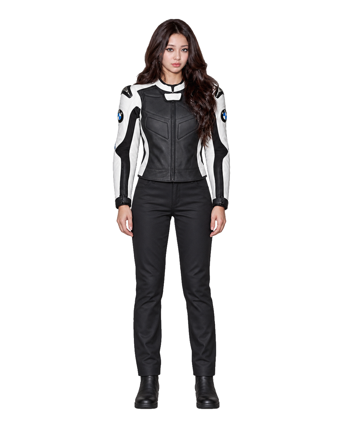 Customized Motorcycle Leather Jacket - ZMJ-002 front view on male model transparent background, centered cutout