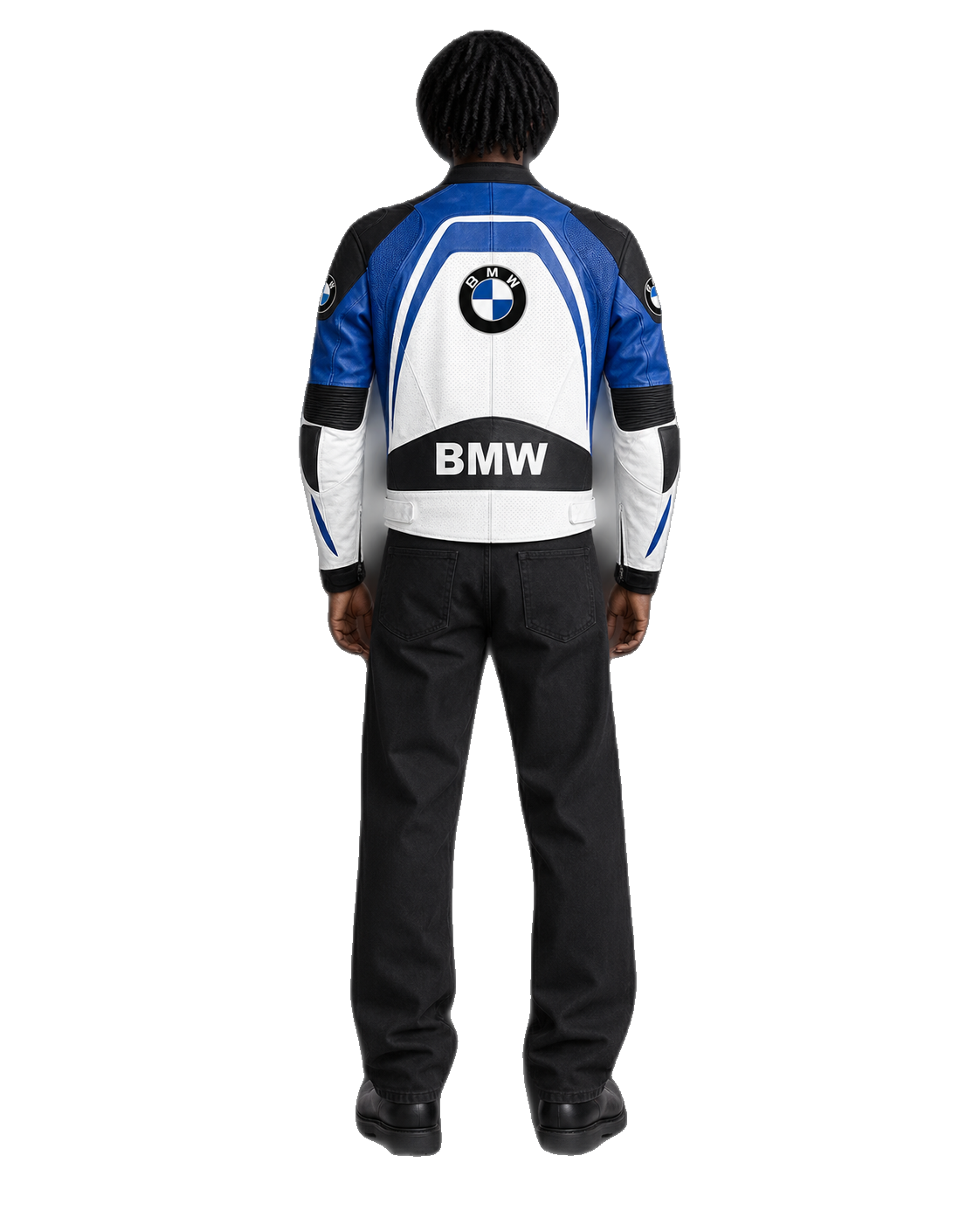 Customized Motorcycle Leather Jacket - ZMJ-003 back view on male model transparent background, centered cutout