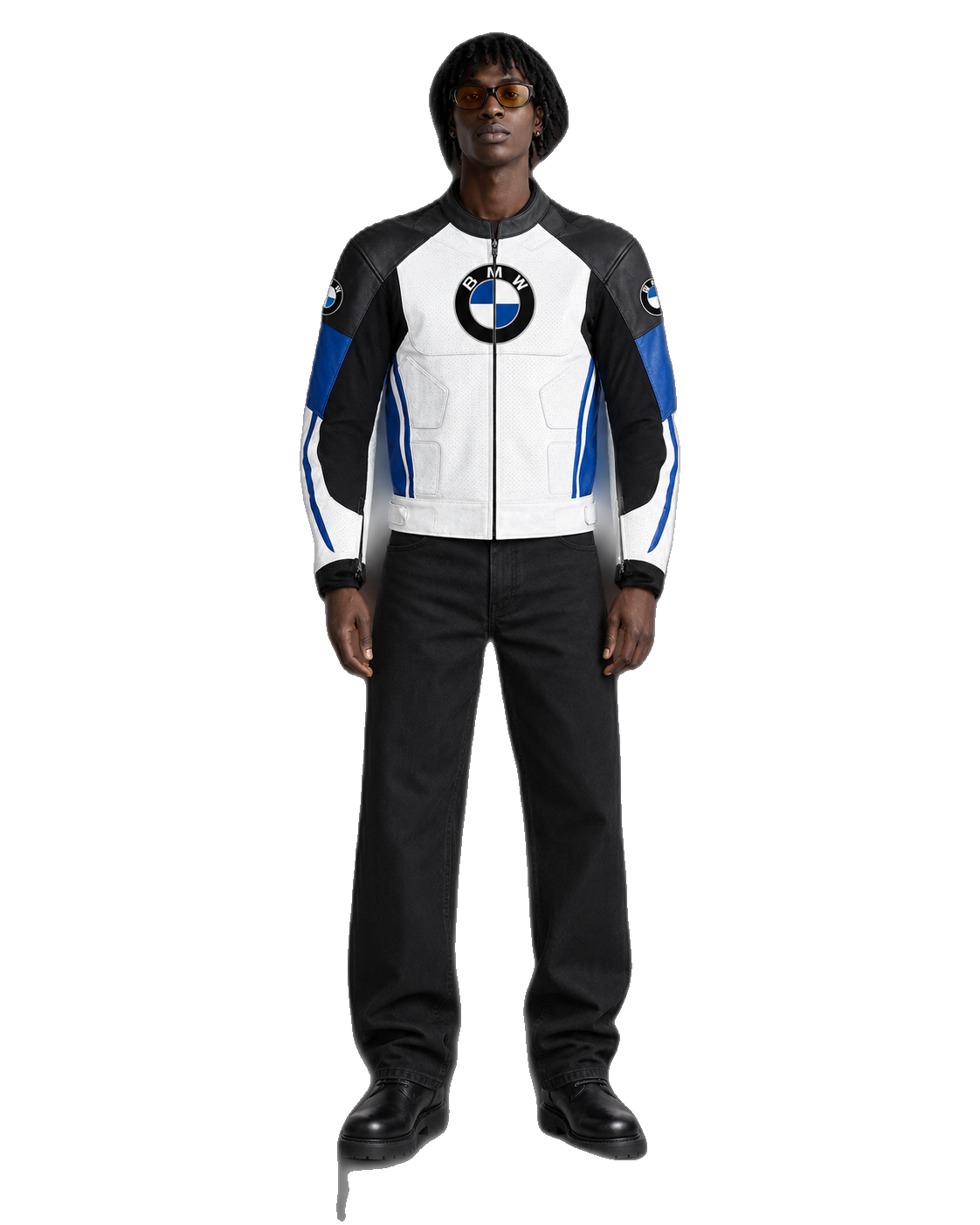 Customized Motorcycle Leather Jacket - ZMJ-003 front view on male model transparent background, centered cutout