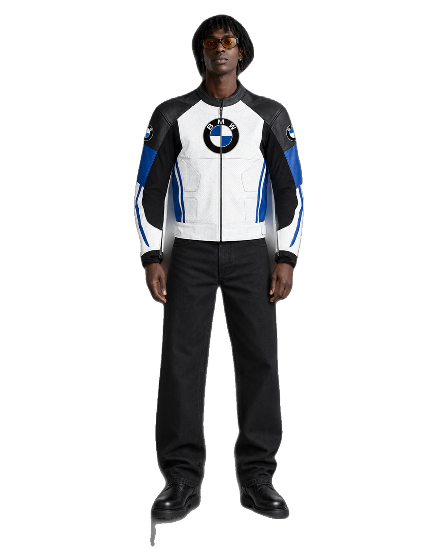 Customized Motorcycle Leather Jacket - ZMJ-003 front view on male model transparent background, centered cutout