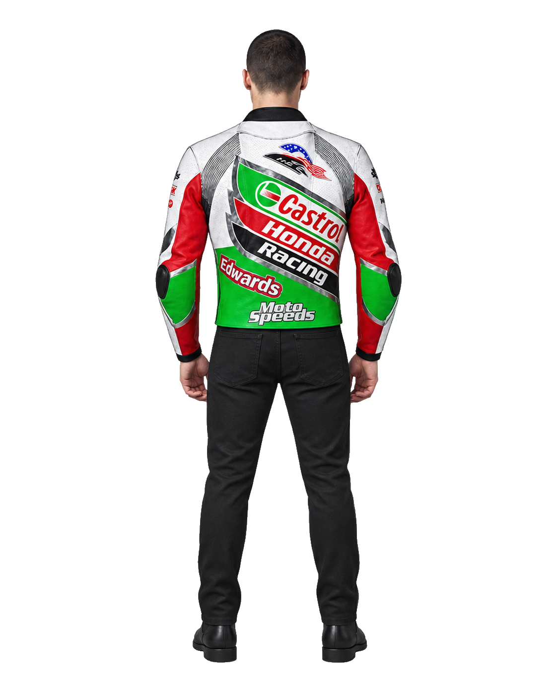 Customized Motorcycle Leather Jacket - ZMJ-004 back view on male model transparent background, centered cutout