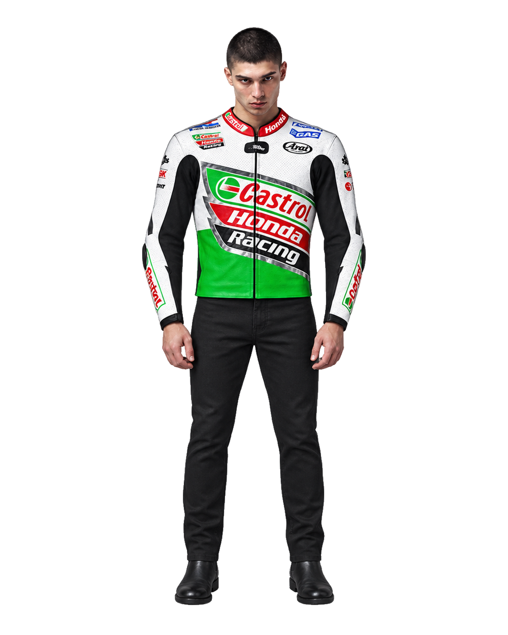Customized Motorcycle Leather Jacket - ZMJ-004 front view on male model transparent background, centered cutout