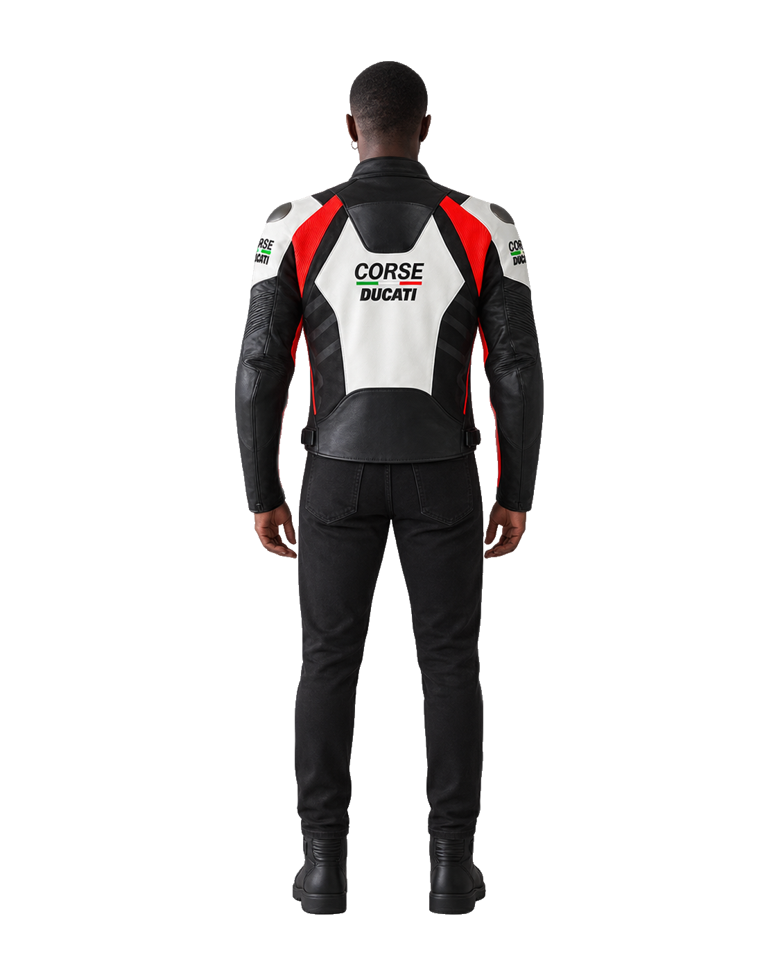 Customized Motorcycle Leather Jacket - ZMJ-005 back view on male model transparent background, centered cutout