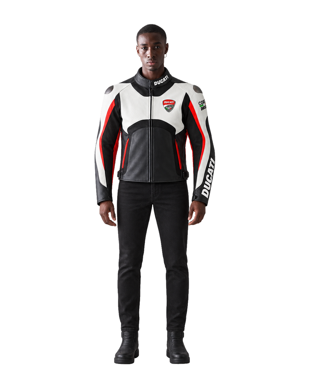 Customized Motorcycle Leather Jacket - ZMJ-005 front view on male model transparent background, centered cutout