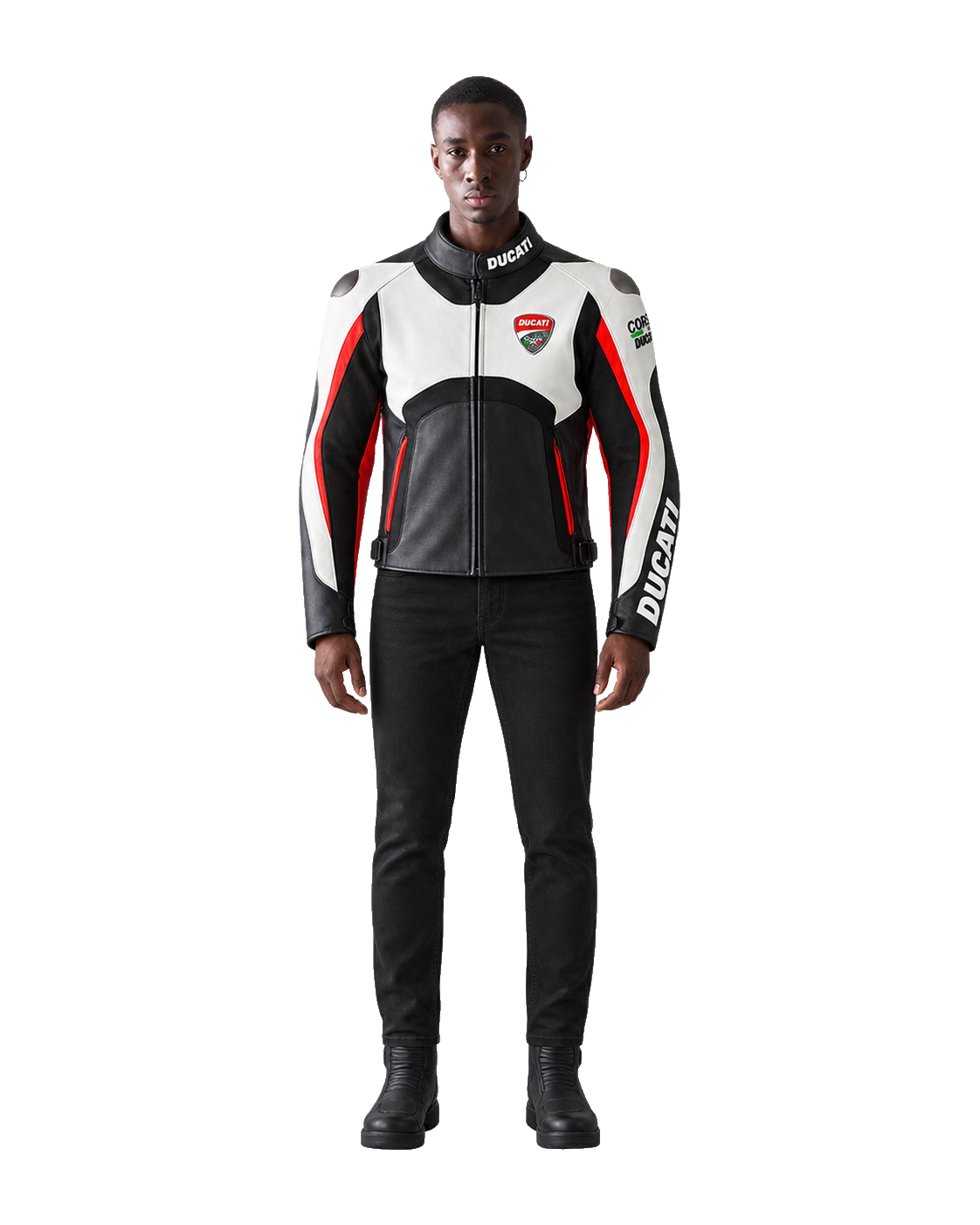Customized Motorcycle Leather Jacket - ZMJ-005 front view on male model transparent background, centered cutout
