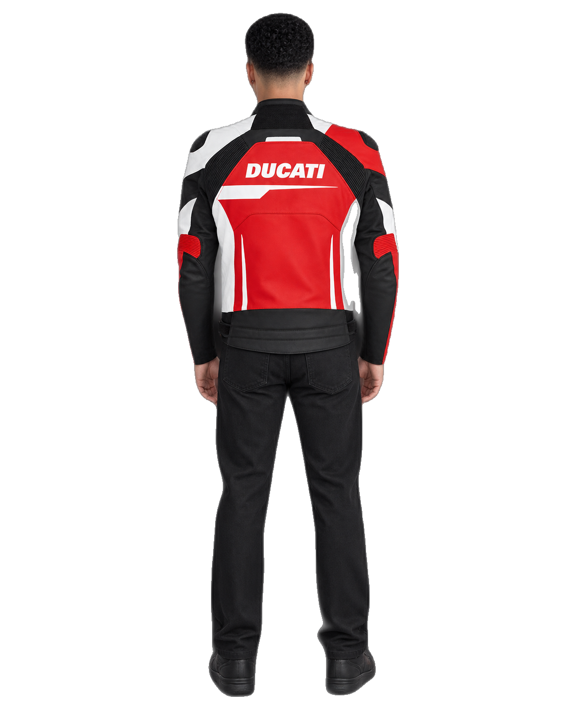 Customized Motorcycle Leather Jacket - ZMJ-006 back view on male model transparent background, centered cutout