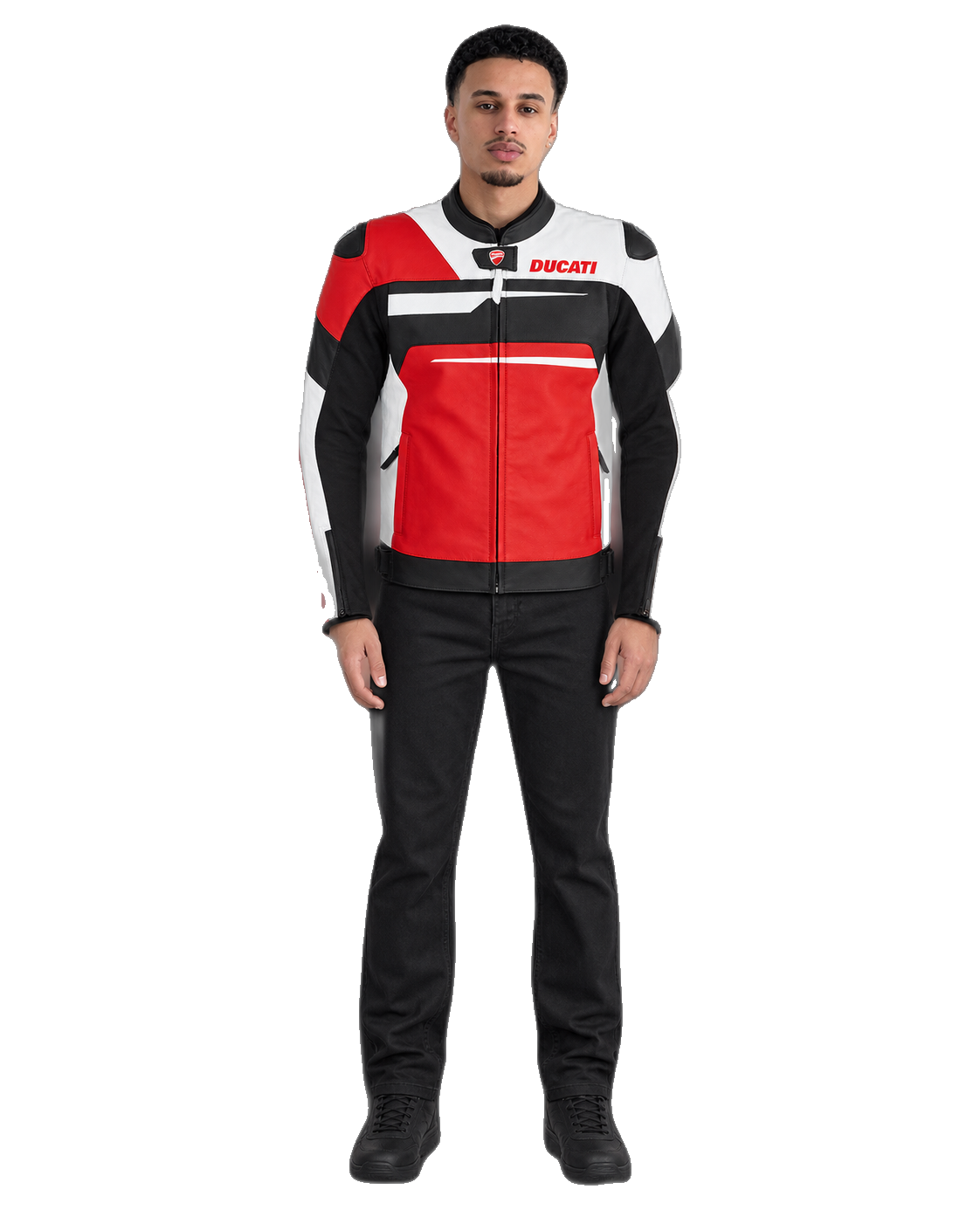 Customized Motorcycle Leather Jacket - ZMJ-006 front view on male model transparent background, centered cutout