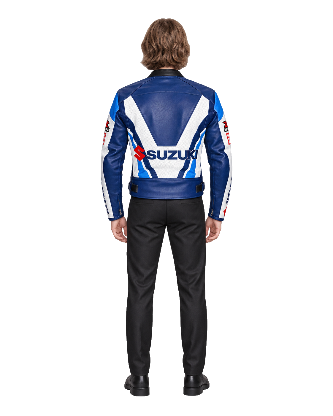 Customized Motorcycle Leather Jacket - ZMJ-007 back view on male model transparent background, centered cutout