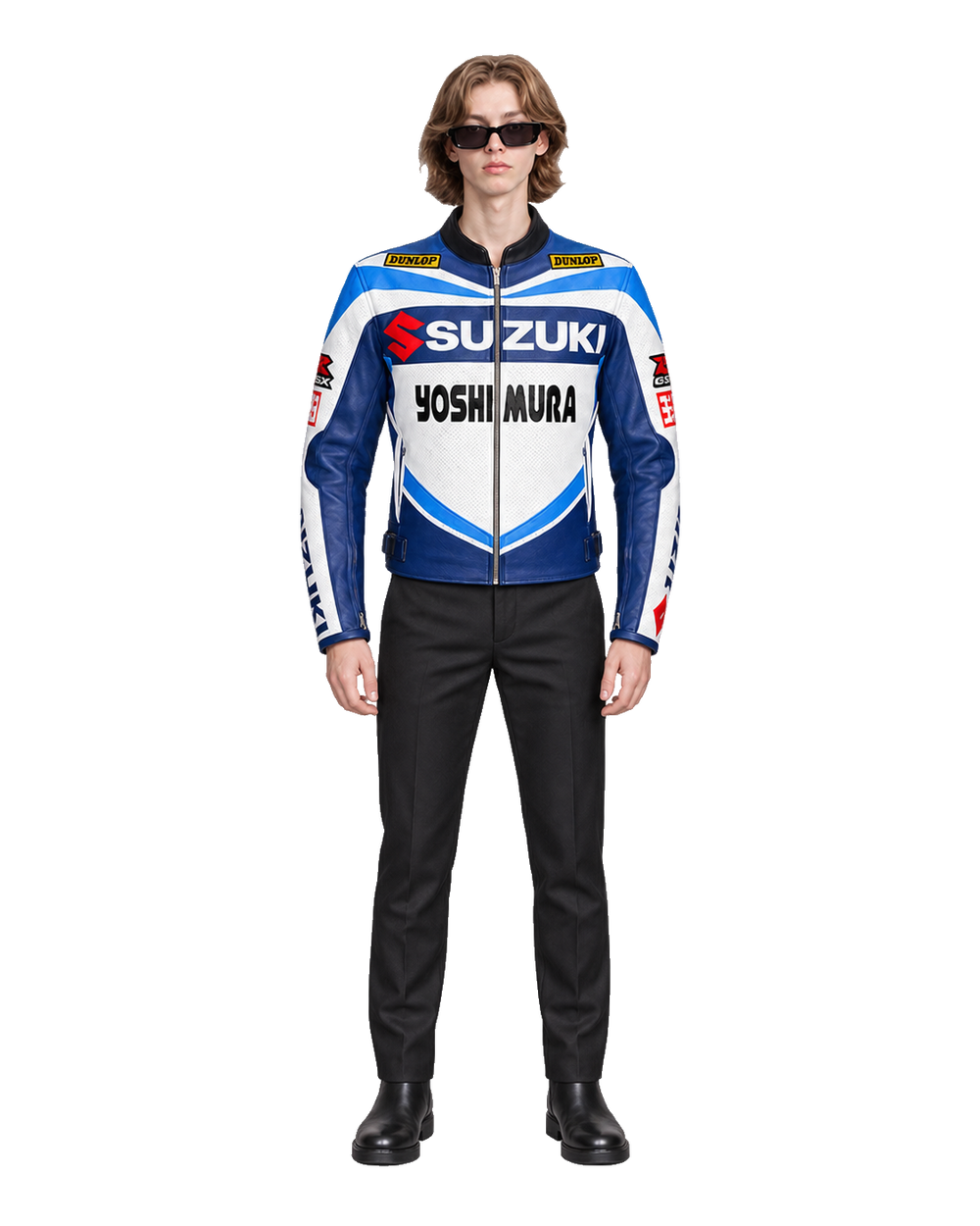 Customized Motorcycle Leather Jacket - ZMJ-007 front view on male model transparent background, centered cutout