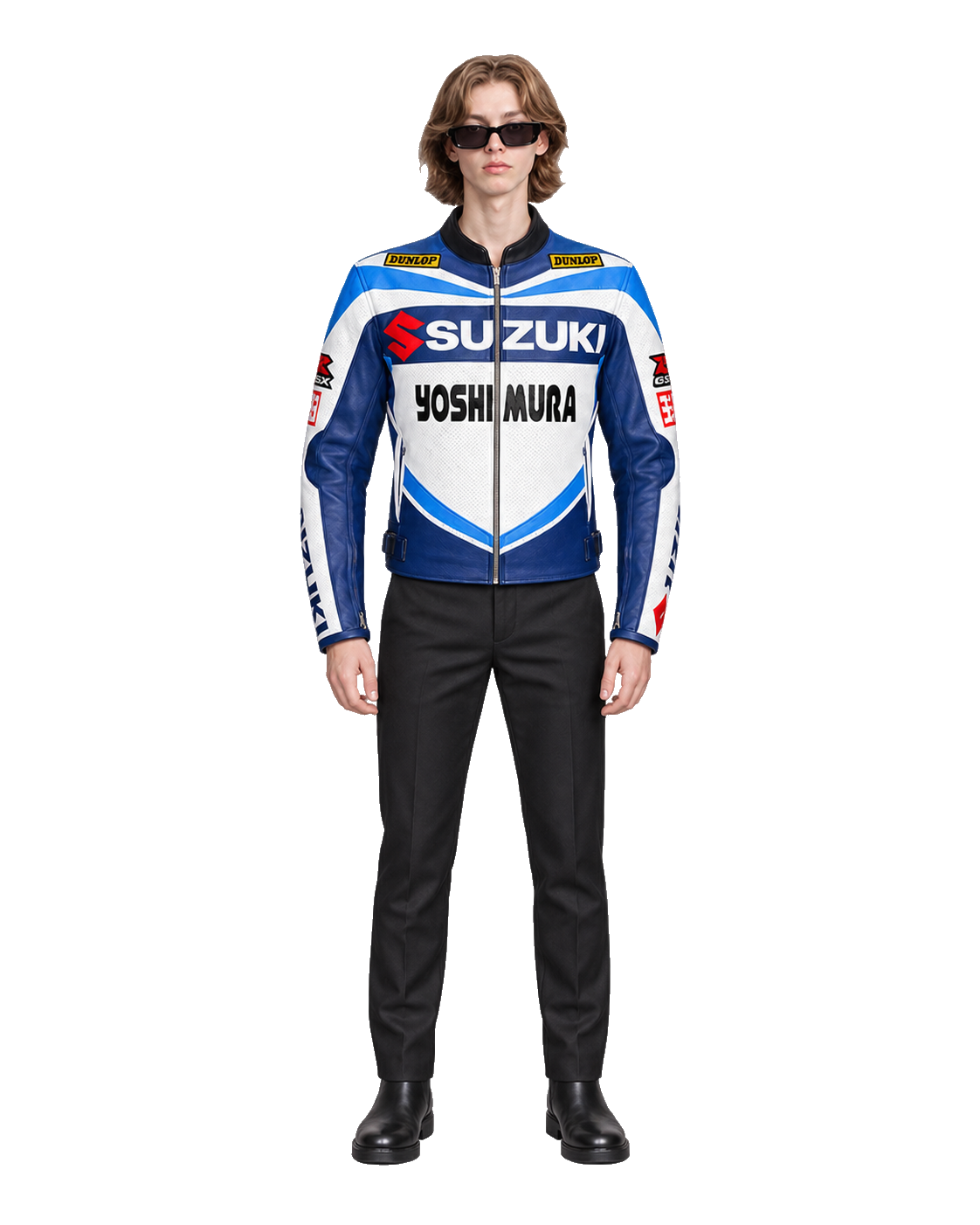 Customized Motorcycle Leather Jacket - ZMJ-007 front view on male model transparent background, centered cutout