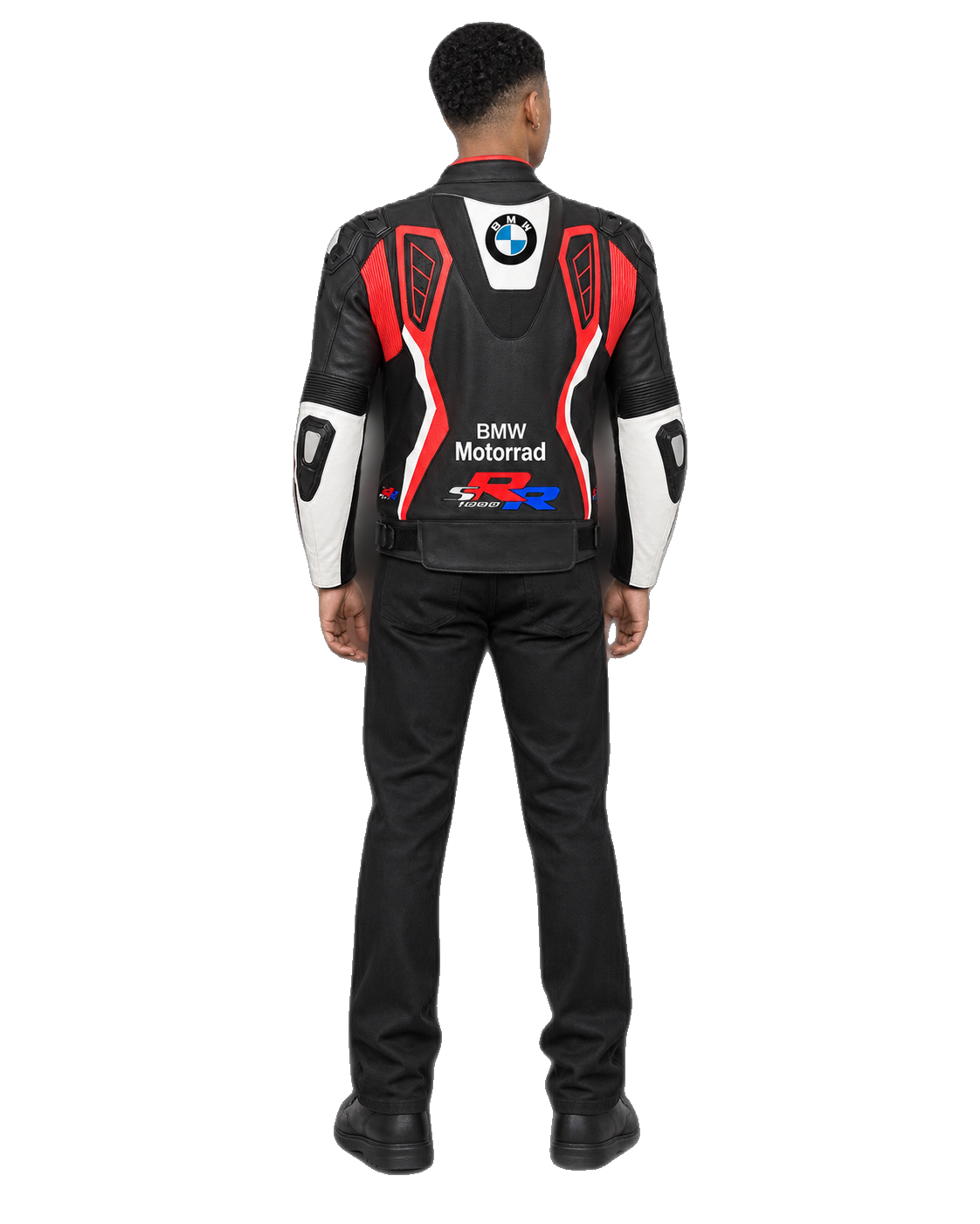 Customized Motorcycle Leather Jacket - ZMJ-008 back view on male model transparent background, centered cutout