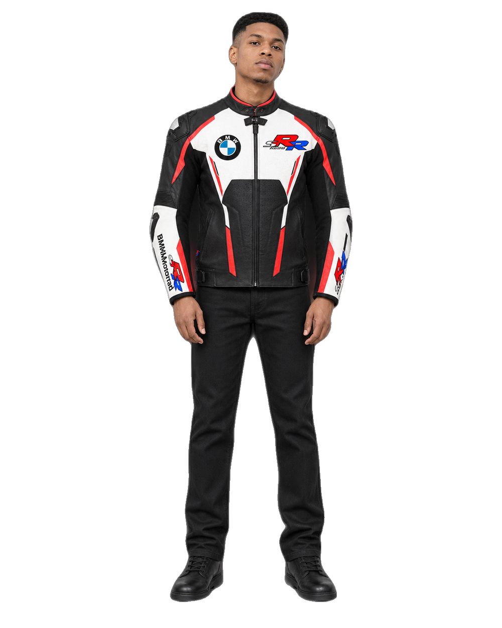 Customized Motorcycle Leather Jacket - ZMJ-008 front view on male model transparent background, centered cutout