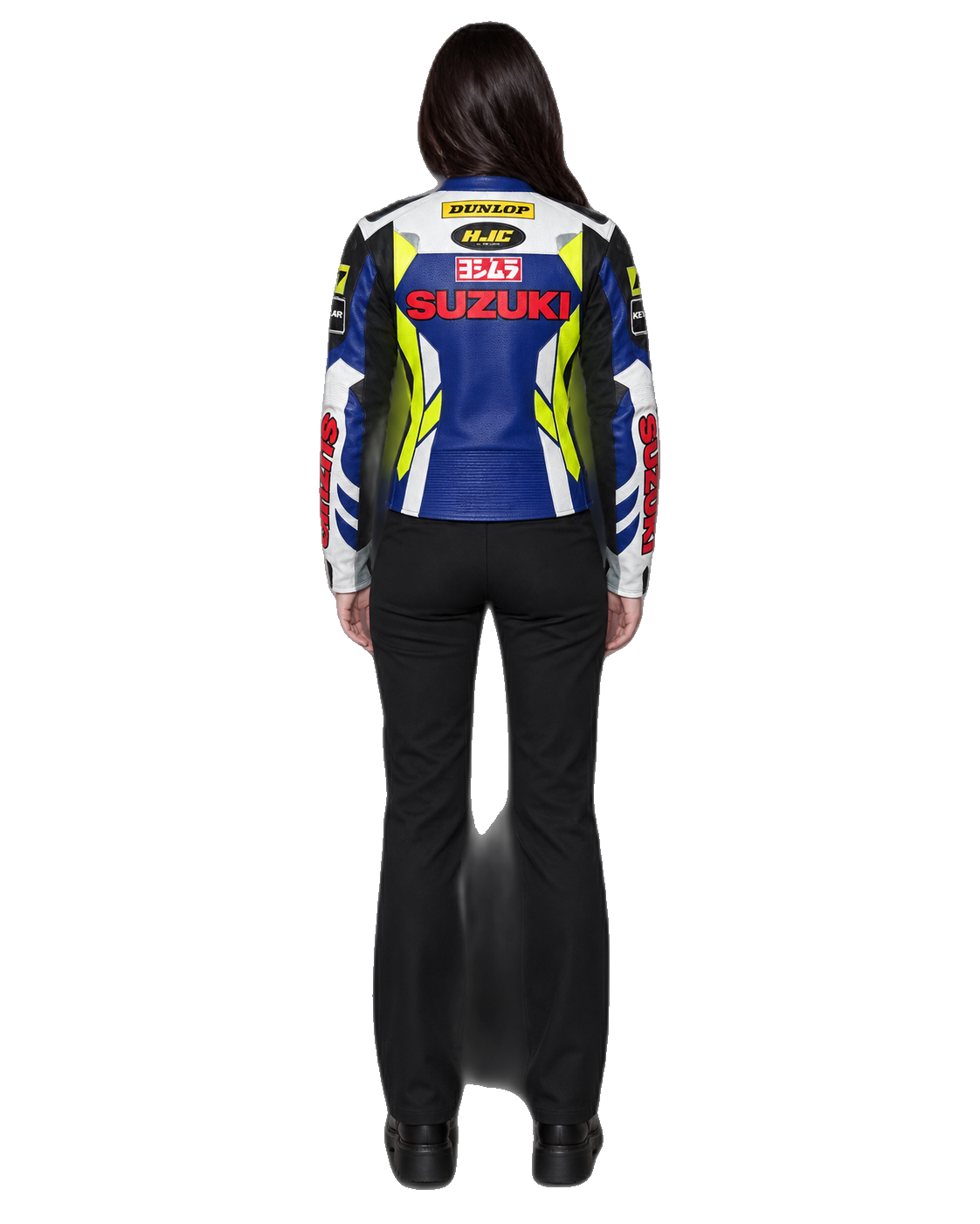 Customized Motorcycle Leather Jacket - ZMJ-009 back view on male model transparent background, centered cutout