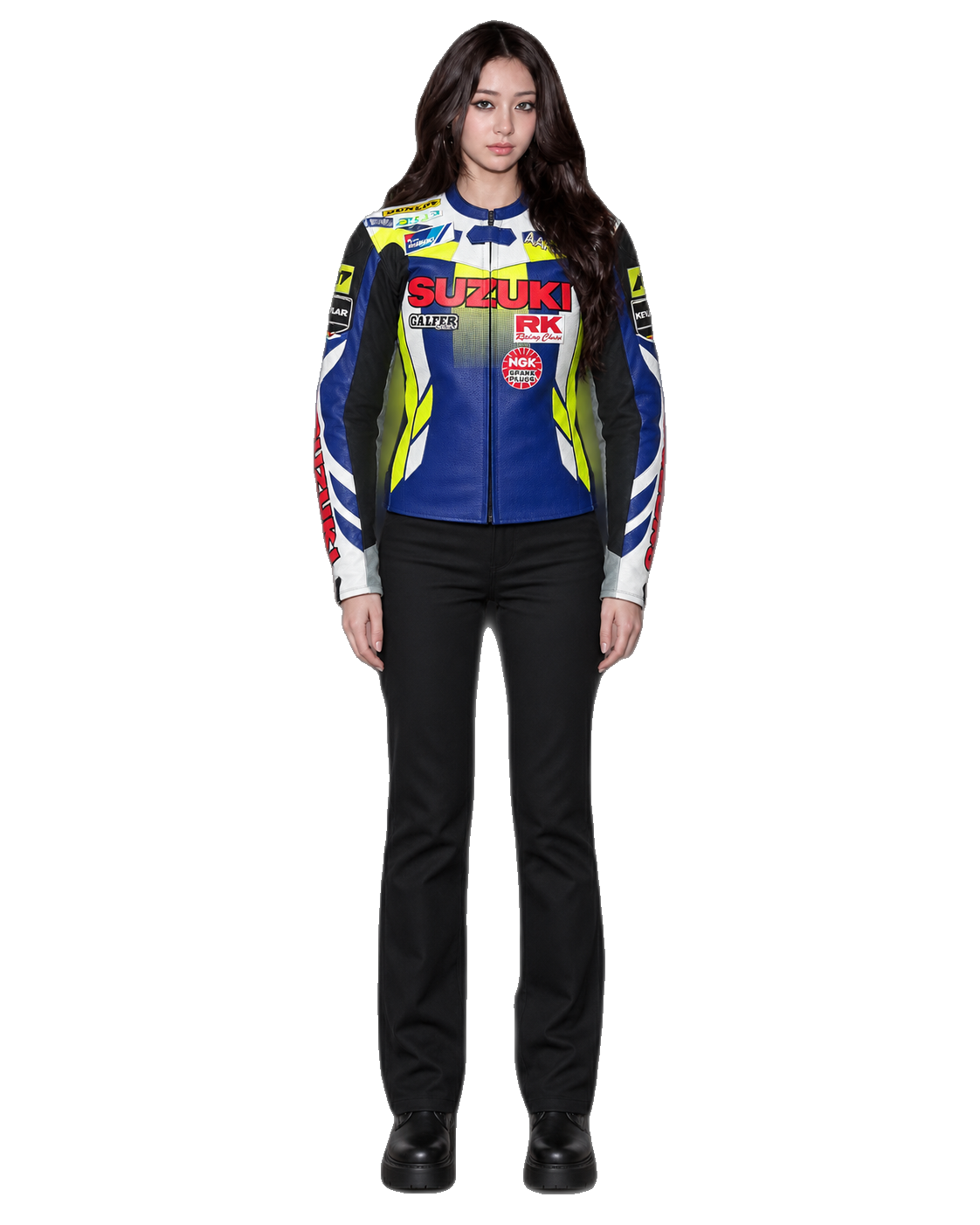 Customized Motorcycle Leather Jacket - ZMJ-009 front view on male model transparent background, centered cutout