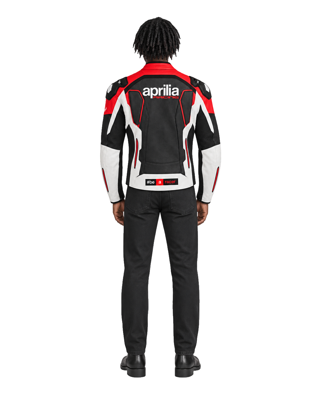 Customized Motorcycle Leather Jacket - ZMJ-010 back view on male model transparent background, centered cutout