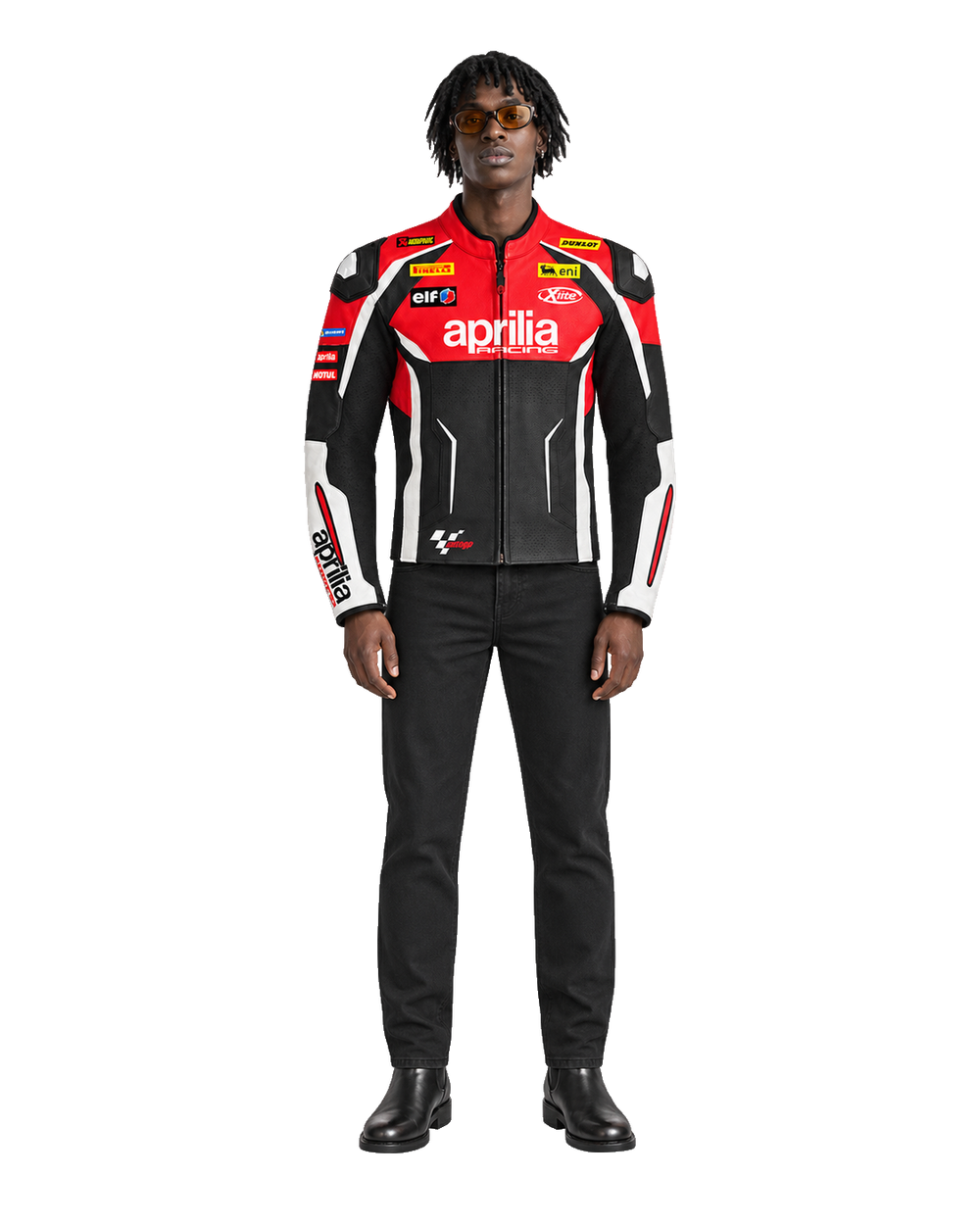 Customized Motorcycle Leather Jacket - ZMJ-010 front view on male model transparent background, centered cutout