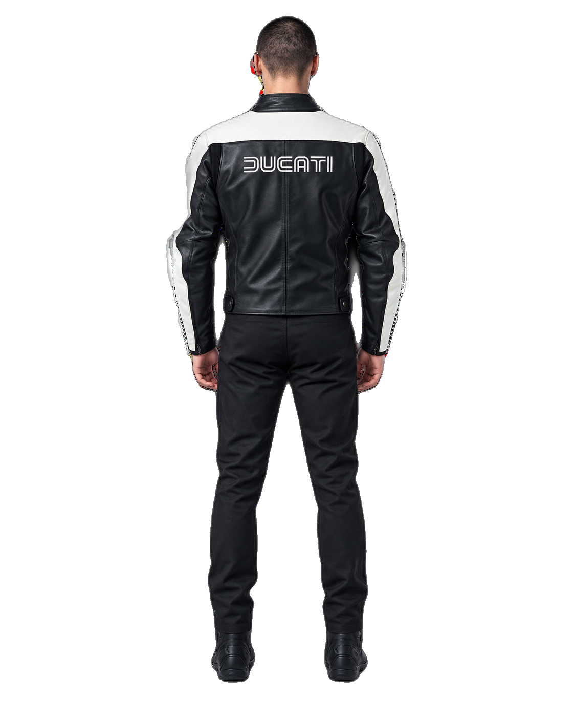 Customized Motorcycle Leather Jacket - ZMJ-011 back view on male model transparent background, centered cutout