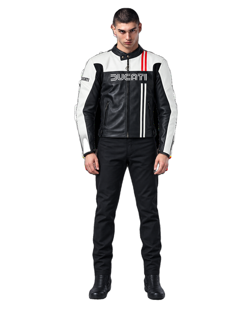 Customized Motorcycle Leather Jacket - ZMJ-011 front view on male model transparent background, centered cutout