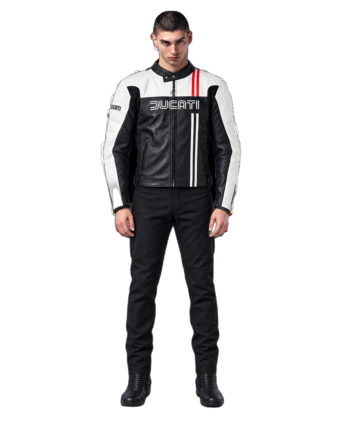 Customized Motorcycle Leather Jacket - ZMJ-011 front view on male model transparent background, centered cutout
