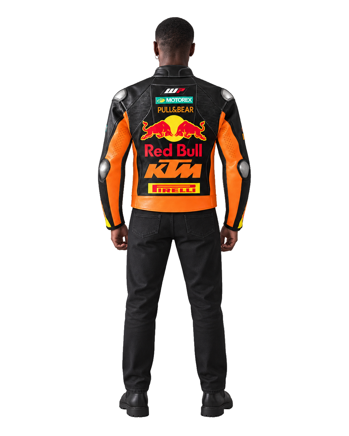 Customized Motorcycle Leather Jacket - ZMJ-012 back view on male model transparent background, centered cutout