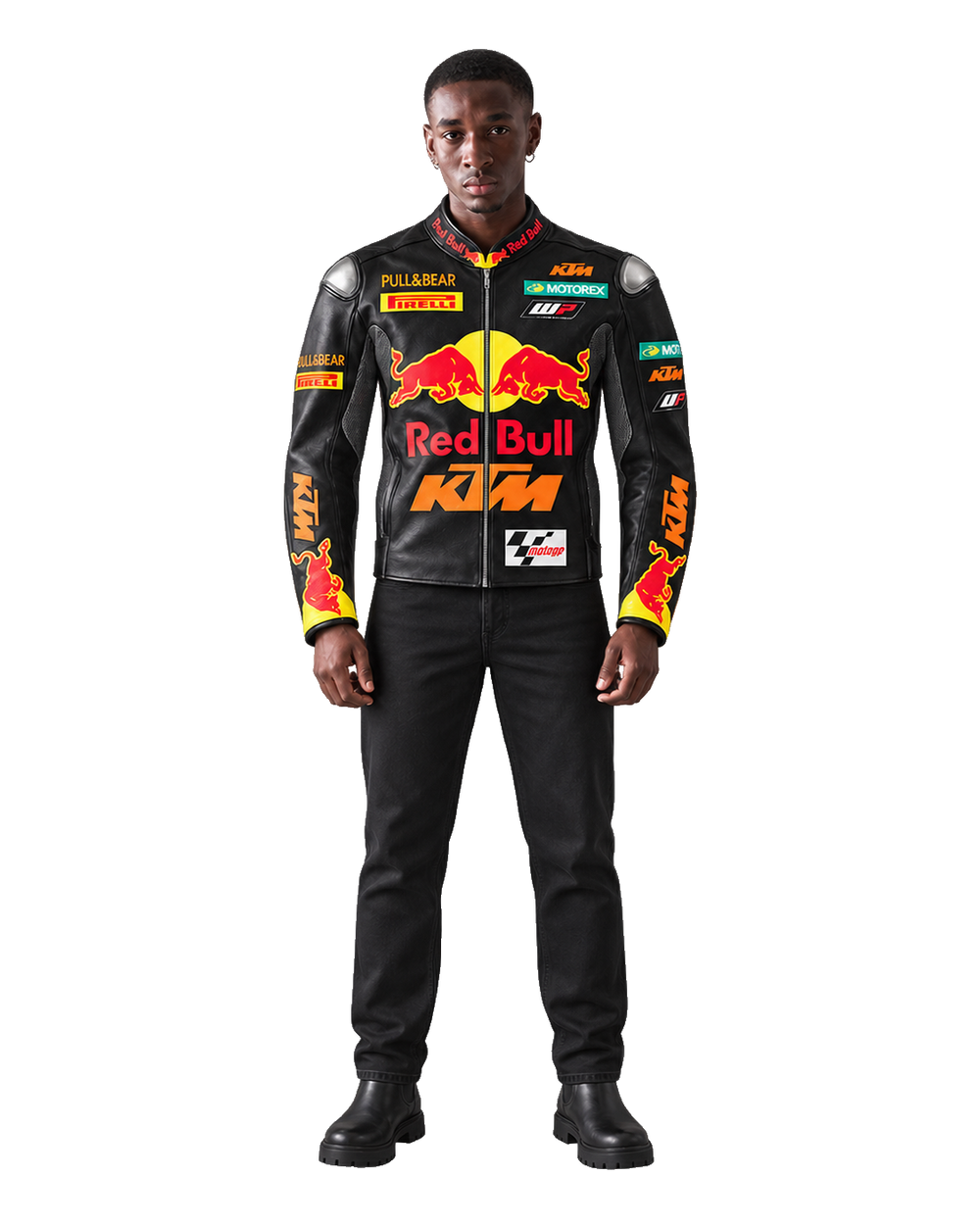 Customized Motorcycle Leather Jacket - ZMJ-012 front view on male model transparent background, centered cutout