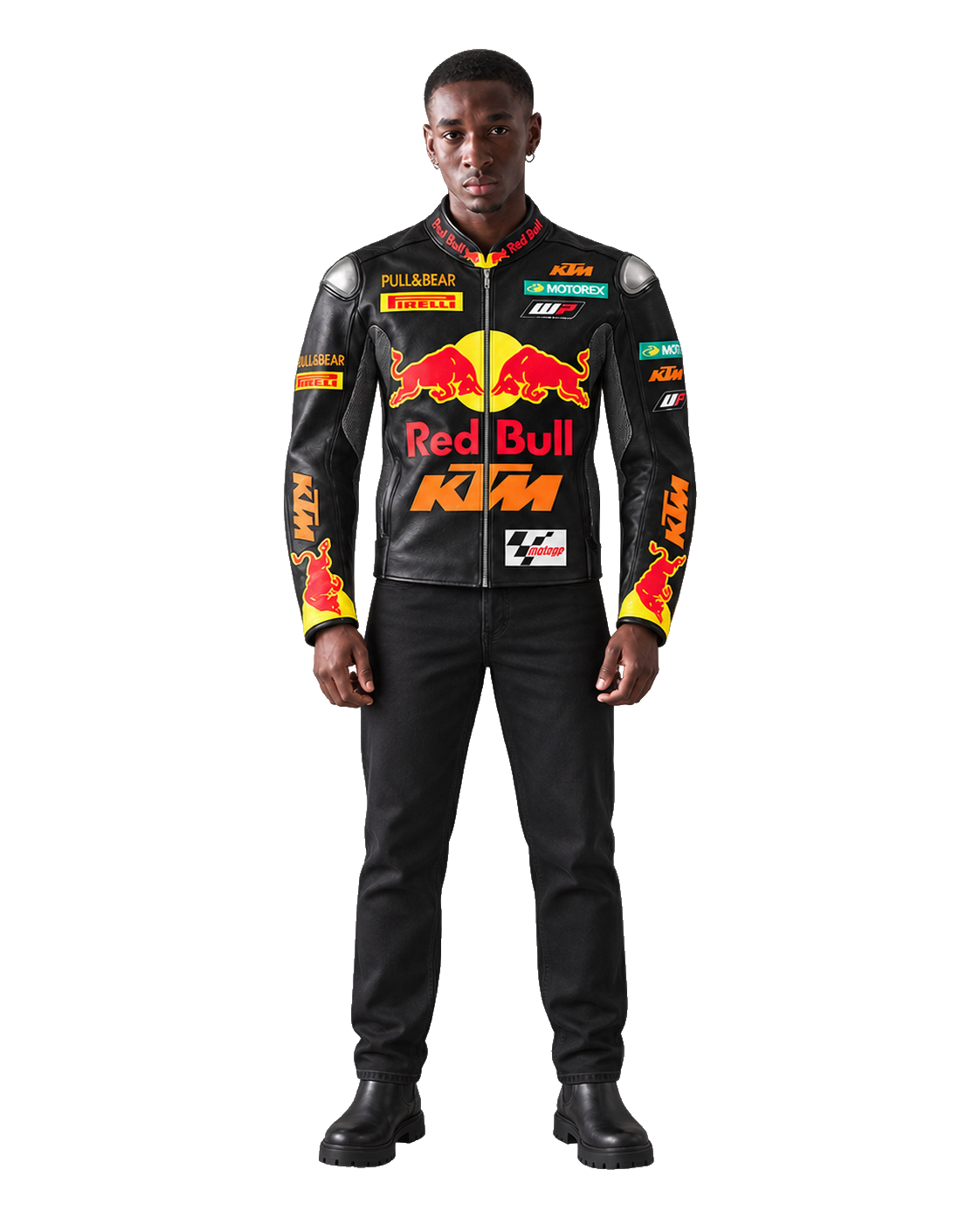 Customized Motorcycle Leather Jacket - ZMJ-012 front view on male model transparent background, centered cutout