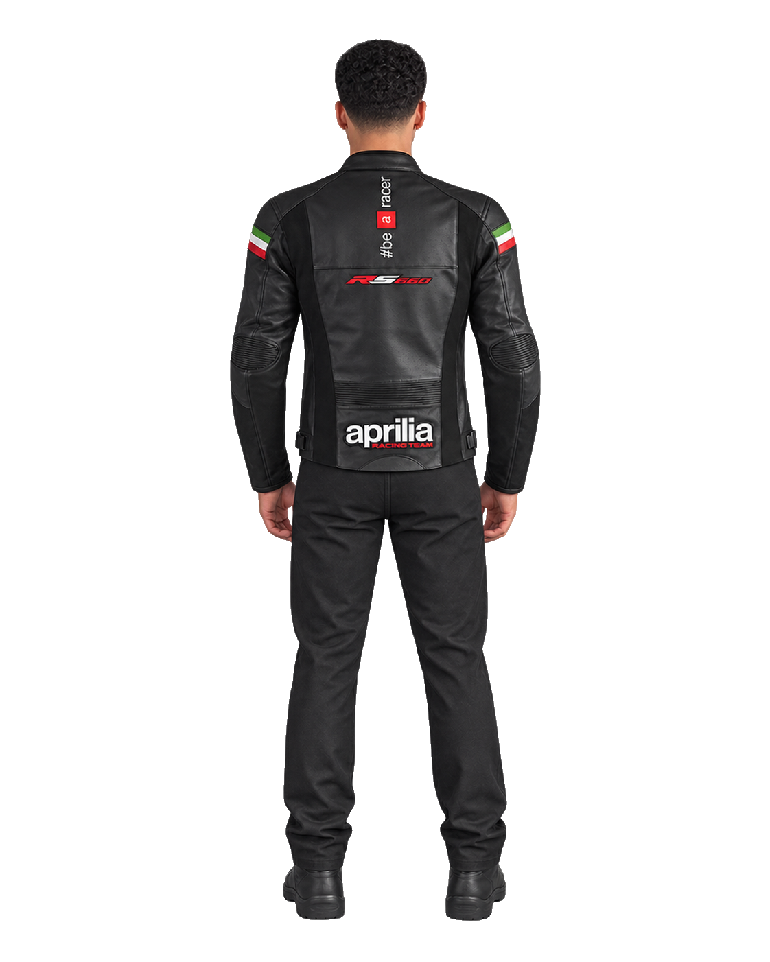 Customized Motorcycle Leather Jacket - ZMJ-013 back view on male model transparent background, centered cutout